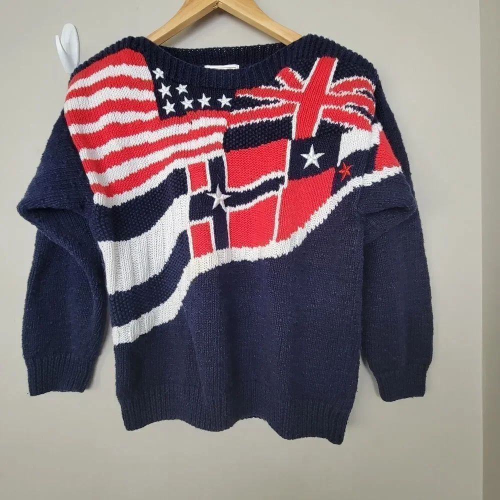 Talbots Vintage Hand Knit USA American Patriotic British Flag Hand Knit Sweater